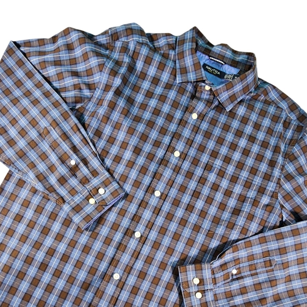 Nautica Shirt Men's XL Blue Brown Plaid Tencel Cotton Blend Long‎ Sleeve Casual